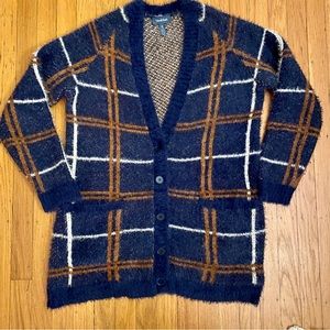 ModCloth Navy Plaid Fuzzy Cardigan with Brown and White Windowpane